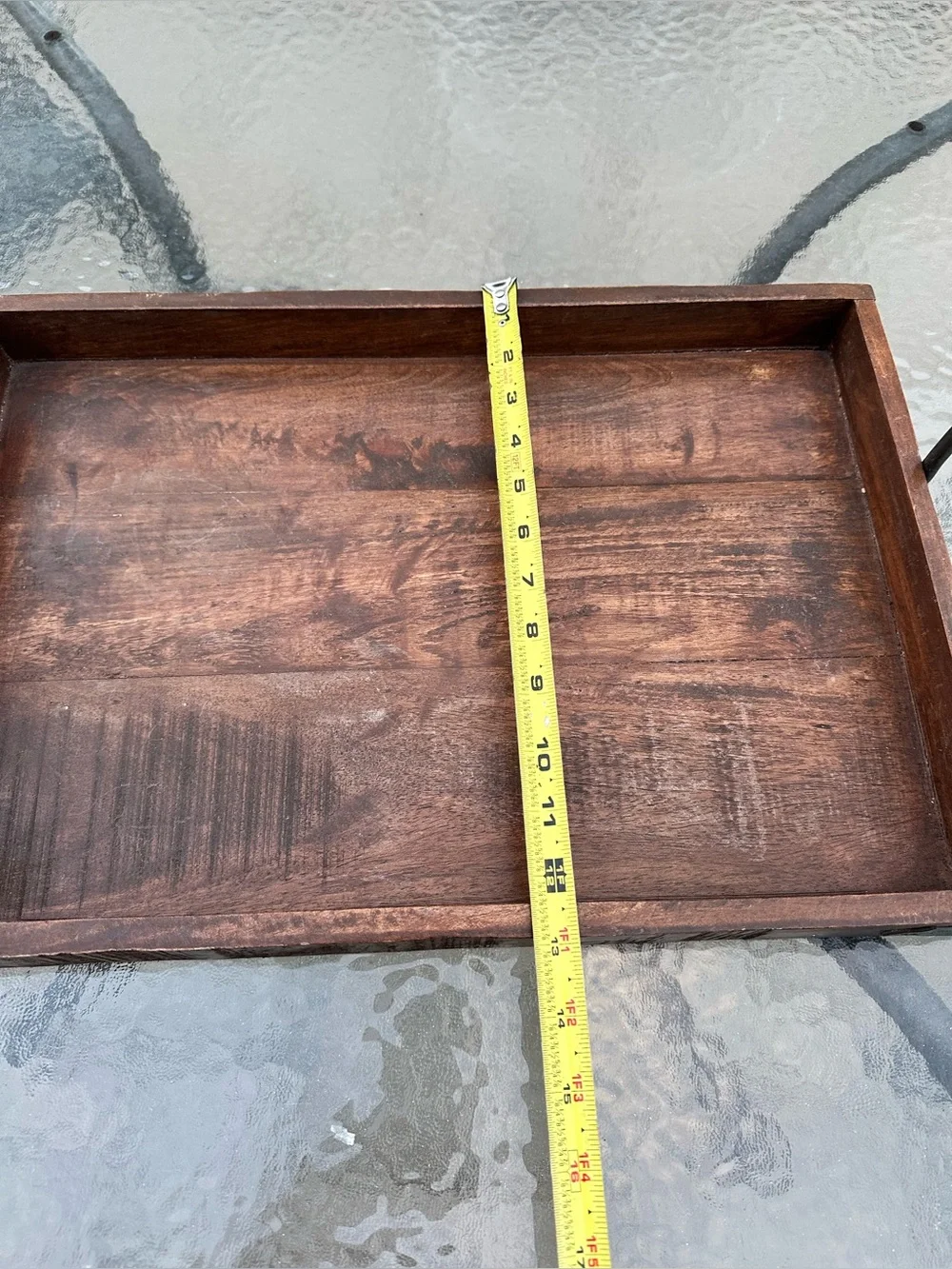 Vintage Wooden Serving Tray dark wood rectangular with metal handles Rustic tray